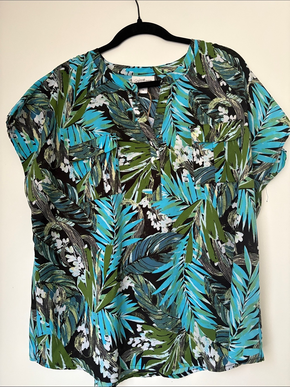 Jaclyn Smith Tropical Leaf Short Sleeve Top - Blue & Green